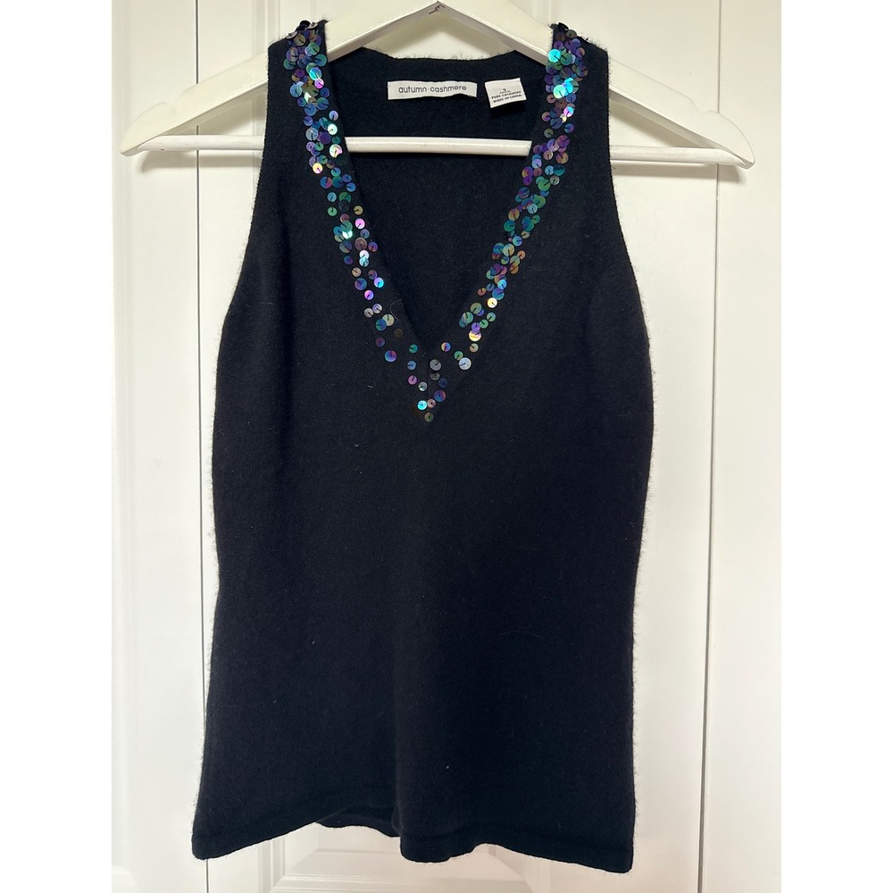 Autumn Cashmere Black 100% Pure Cashmere Sequin V-Neck Tank Top Womens Small